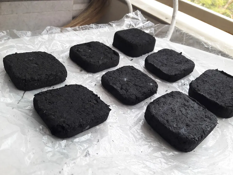 Multiple BriqUp coconut-shell briquettes drying after production